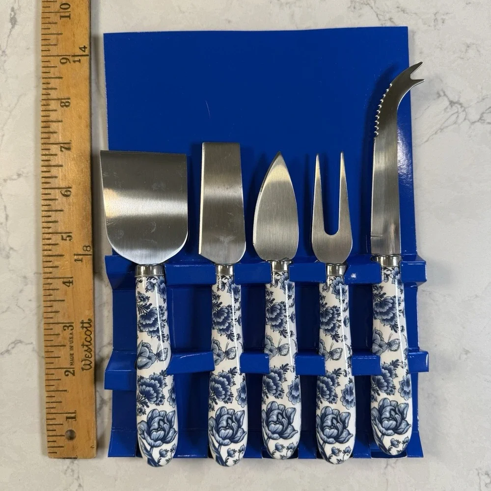 Dutch Treats Holland Delft Porcelain Cheese Knife Slicer Set o 5 Stainless Steel